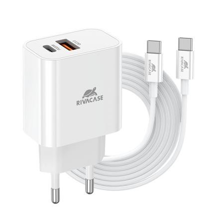 RIVACASE Hálózati töltő, 20W, USB-A és USB-C, USB-C, USB-C/USB-C töltőkábel, RIVACASE "PS4102", fehér