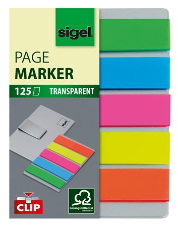 SIGEL Jelölőcímke, műanyag, 5x25 lap, 12x50 mm, klippel, SIGEL "Clip", vegyes szín