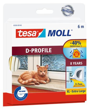 TESA Ajtó- és ablaktömítő szalag, 9 mm x 6 m, TESA "tesamoll® D profil", fehér