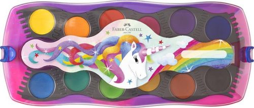 FABER-CASTELL Vízfesték, 12 darabos, összeilleszthető, FABER-CASTELL "Unikornis"+1 tubus fehér tempera+unikornis matrica