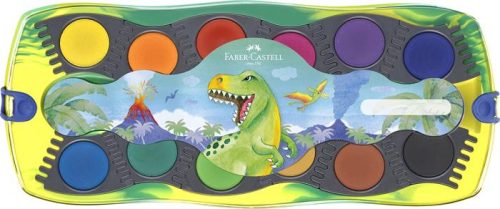 FABER-CASTELL Vízfesték, 12 darabos, összeilleszthető, FABER-CASTELL "Dinoszaurusz"+1 tubus fehér tempera + dinoszaurusz matrica