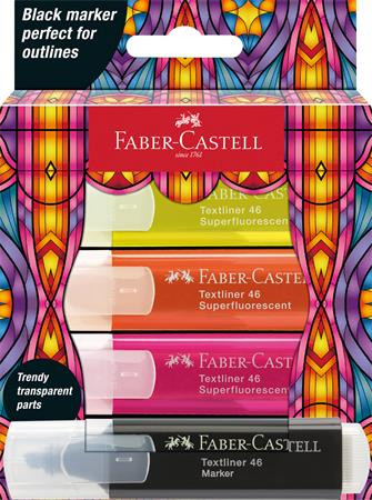 FABER-CASTELL Szövegkiemelő készlet, FABER-CASTELL "Glassy", 3 különböző neon szín + fekete