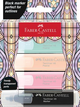 FABER-CASTELL Szövegkiemelő készlet, FABER-CASTELL "Glassy", 3 különböző pasztell szín + fekete
