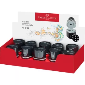   FABER-CASTELL Hegyező display, háromlyukú, tartályos, FABER-CASTELL "Grip 2001 Trio", fekete