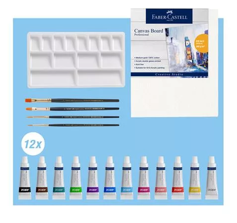 FABER-CASTELL Akrilfesték készlet festővászonnal, tubusos, FABER-CASTELL "Creative Studio", 12 különböző szín