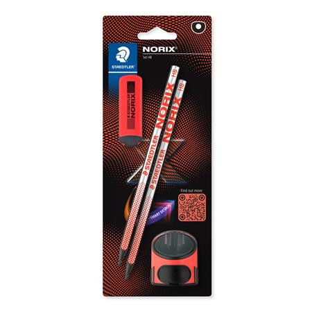 STAEDTLER Grafitceruza készlet, hegyezővel, radírral, HB, STAEDTLER "Norix® 181", korall piros