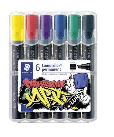 STAEDTLER Alkoholos marker készlet, 2-5 mm, vágott, STAEDTLER "Lumocolor® 350", 6 különböző szín