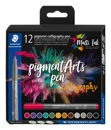 STAEDTLER Kalligrafikus rostirón készlet, 2 mm, STAEDTLER "Pigment 375", 12 különböző szín