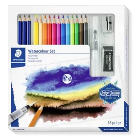   STAEDTLER Akvarell ceruza készlet, ecsettel, radírral, hegyezővel, grafitceruzával, STAEDTLER® "146 10C", 12 különböző szín