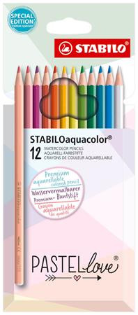 STABILO Akvarell ceruza készlet, STABILO "Aquacolor Pastellove", 12 különböző szín