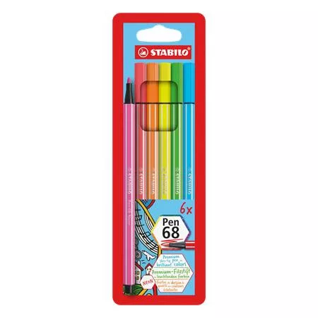 STABILO Filctoll készlet, 1 mm, STABILO "Pen 68", 6 neon szín