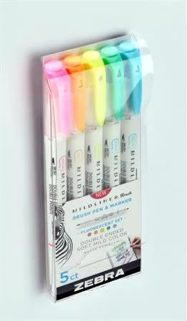 ZEBRA Ecsetirón készlet, kétvégű ZEBRA "Mildliner Fluorescent", 5 szín