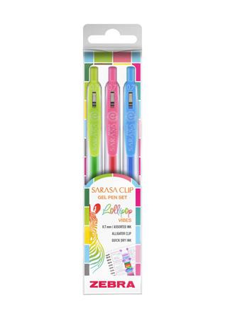 ZEBRA Zseléstoll készlet, 0,33 mm, nyomógombos, ZEBRA "Sarasa Clip Lollipop", 3 különböző szín