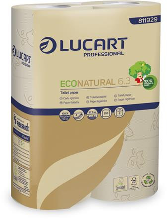 LUCART Toalettpapír, 3 rétegű, 6 tekercs, kistekercses, 27,5 m, LUCART "EcoNatural 6.3" barna