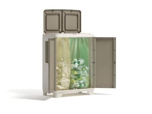 KETER Szelektív hulladékgyűjtő szekrény, műanyag, KETER "Split Premium Wood", világos/bézs