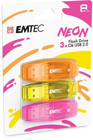 EMTEC Pendrive, 8GB, 3 db, USB 2.0, EMTEC "C410 Neon", narancs, citromsárga, rózsaszín