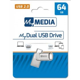   MYMEDIA Pendrive, 64GB, USB 2.0 + USB-C, alumínium ház, MYMEDIA "Dual" (by VERBATIM)