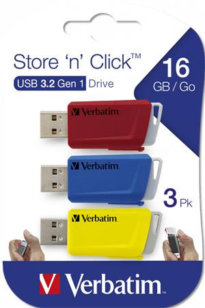 VERBATIM Pendrive, 3 x 16GB, USB 3.2, 80/25MB/sec, VERBATIM "Store n Click", piros, kék, sárga