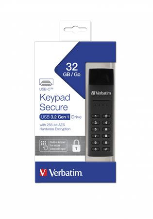 VERBATIM Pendrive, 32GB ,USB-C (USB 3.2), titkosítás, 160/130Mb/s, VERBATIM "Keypad Secure"