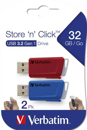 VERBATIM Pendrive, 2 x 32GB, USB 3.2, 80/25MB/sec, VERBATIM "Store n Click", piros, kék