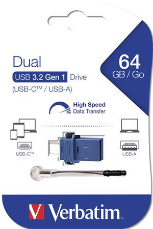 VERBATIM Pendrive, 64GB, USB 3.2+USB-C adapter, VERBATIM "Dual"