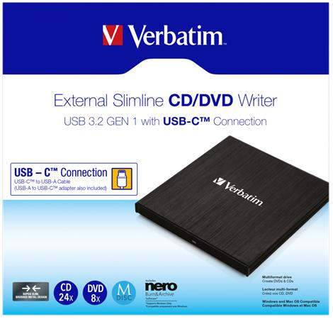 VERBATIM CD/DVD író, vékony, fém ház, USB 3.2 - USB-C, VERBATIM