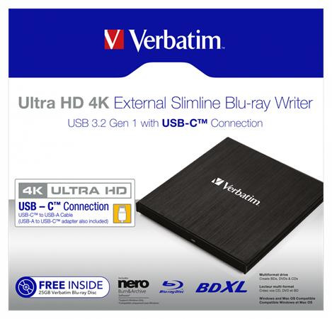 VERBATIM Blu-ray író, (külső meghajtó), 4K Ultra HD, USB 3.1 GEN 1 USB-C, VERBATIM "Slimline"