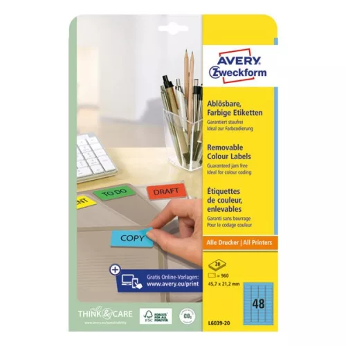 Etikett AVERY L6039-20 45,7x21,2mm univerzális visszaszedhető kék 960 címke/doboz 20 ív/doboz