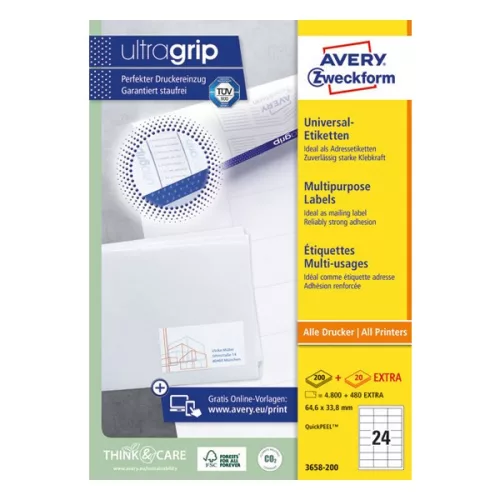 Etikett AVERY 3658-200 64,6x33,8 mm fehér univerzális 5280 címke/doboz 200+20 ív/doboz