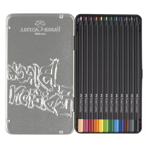 Színes ceruza FABER-CASTELL Black Edition háromszögletű fekete testű fémdobozos 12 darabos
