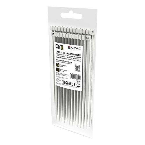 Kábelkötegelő-gyorskötöző ENTAC 200mm x 2,5mm fehér 50 darabos