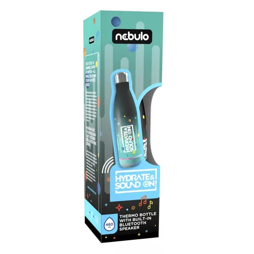 Kulacs duplafalú NEBULO fém Hydrate & SoundON Bluetooth hangszóróval 460 ml fekete-türkiz