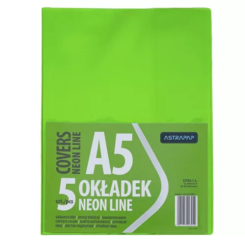 Füzetborító ASTRA PAP A/5 bújtatós pvc neon élénk színek 5 db/csomag