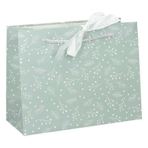 Dísztasak CREATIVE Deluxe Plus L 33x26x12 cm fekvő fagyöngy matt világoszöld sodort füles masnival