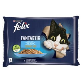   Állateledel alutasakos FELIX Fantastic macskáknak lazac-lepényhal aszpikban 4x85 g