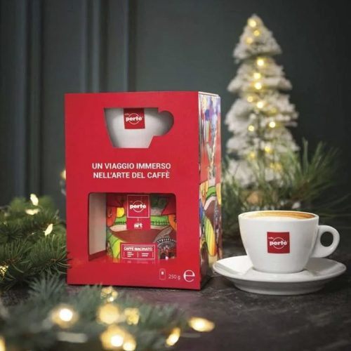 Ajándékcsomag CAFFÉ PERTÉ Art of Coffee szemes kávé hengerben 250 g + csésze szett