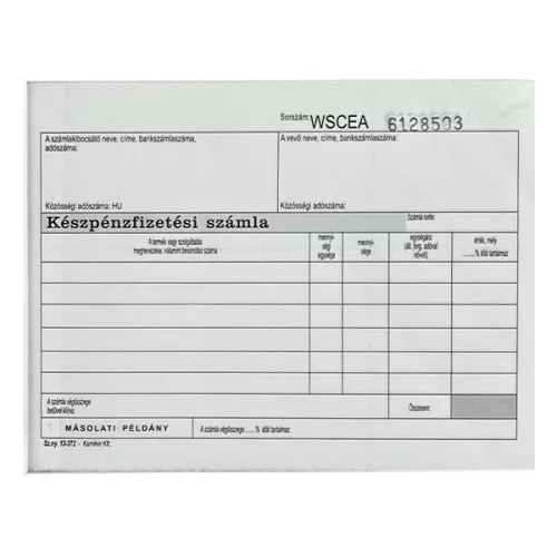 Nyomtatvány készpénzfizetési számla VECTRALINE A/5 fekvő 50x3 lapos 1 áfás
