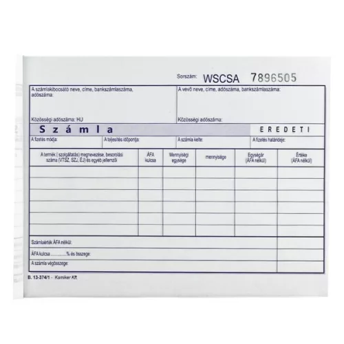 Nyomtatvány számla VECTRALINE A/5 fekvő 50x3 lapos 1 áfás
