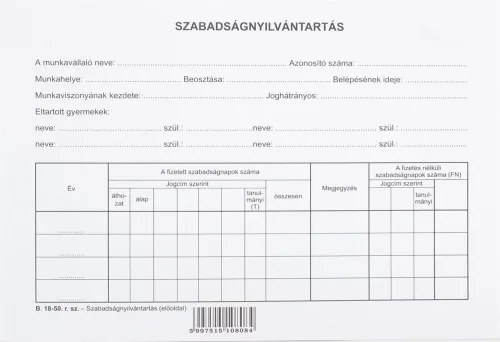 Nyomtatvány szabadság nyilvántartólap A/5