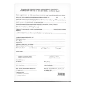   Nyomtatvány engedély más tulajdonát képező személygépkocsi használatára VECTRALINE A/4 álló 2 példányos
