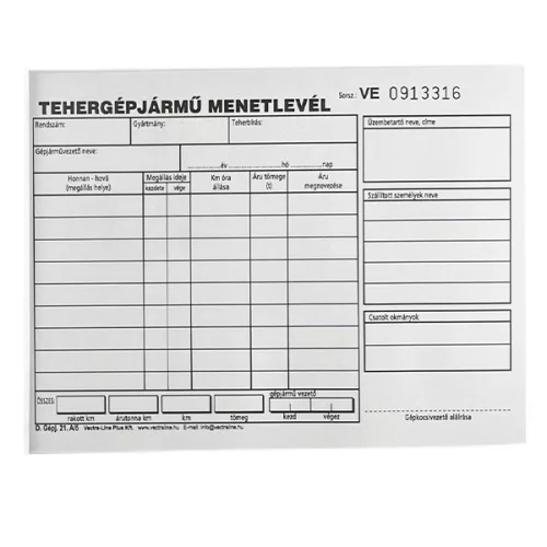 Nyomtatvány tehergépkocsi menetlevél VECTRALINE A/5 fekvő 100 lapos